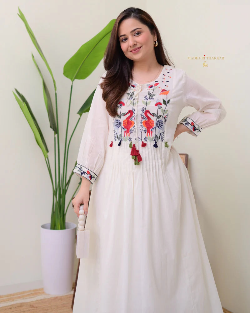 Threadwork Cotton A Line Kurta Set