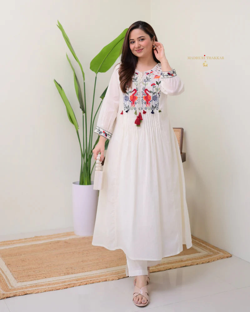 Threadwork Cotton A Line Kurta Set