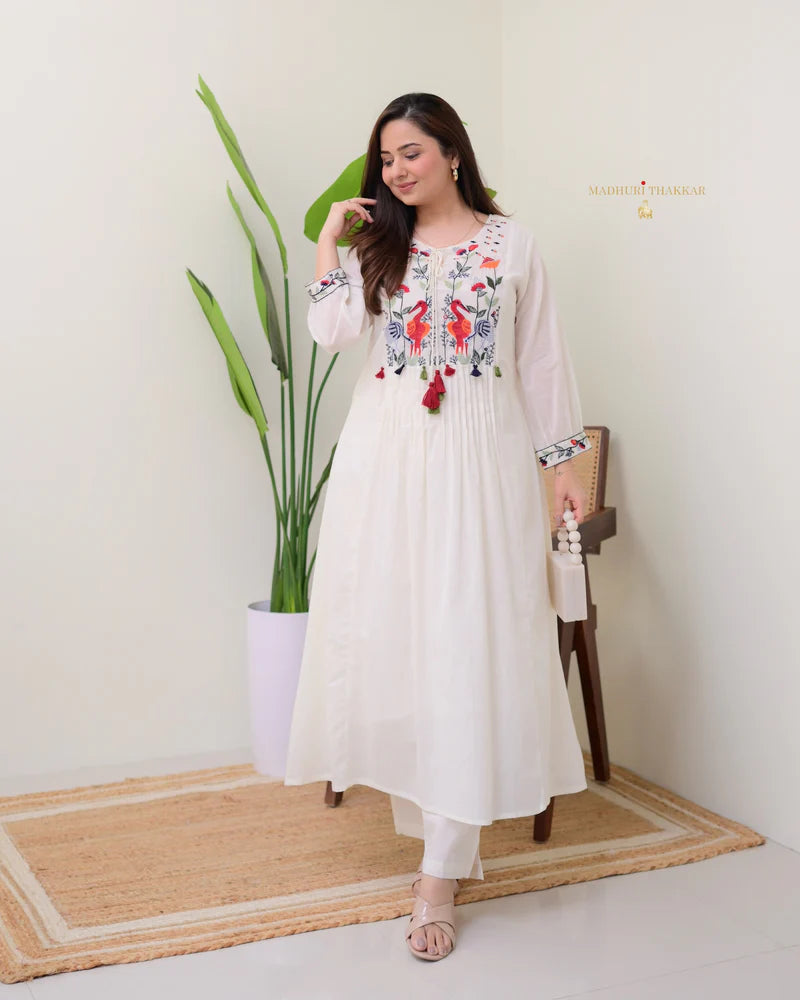 Threadwork Cotton A Line Kurta Set