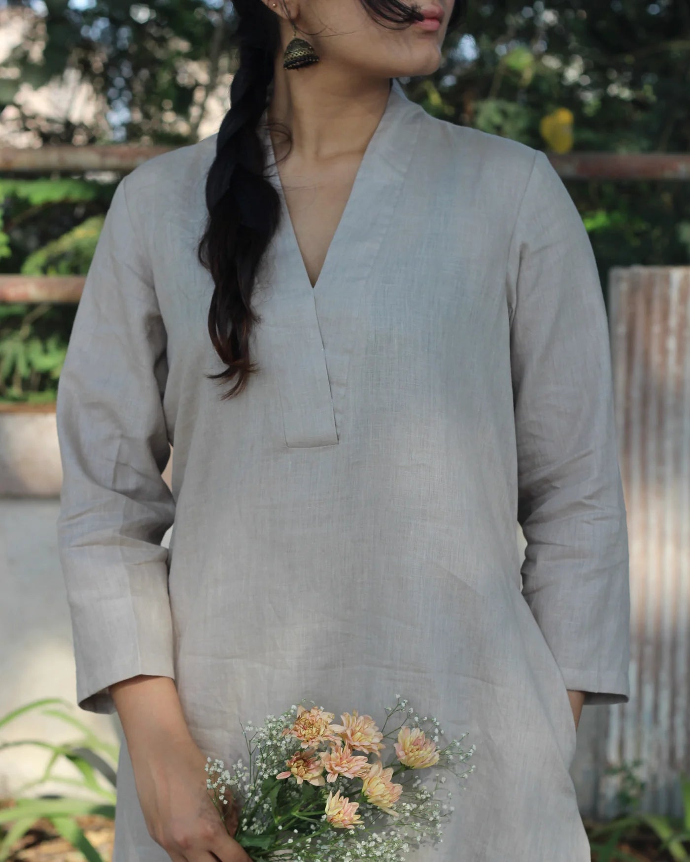 Women Plain Cotton Linen Kurta Set
