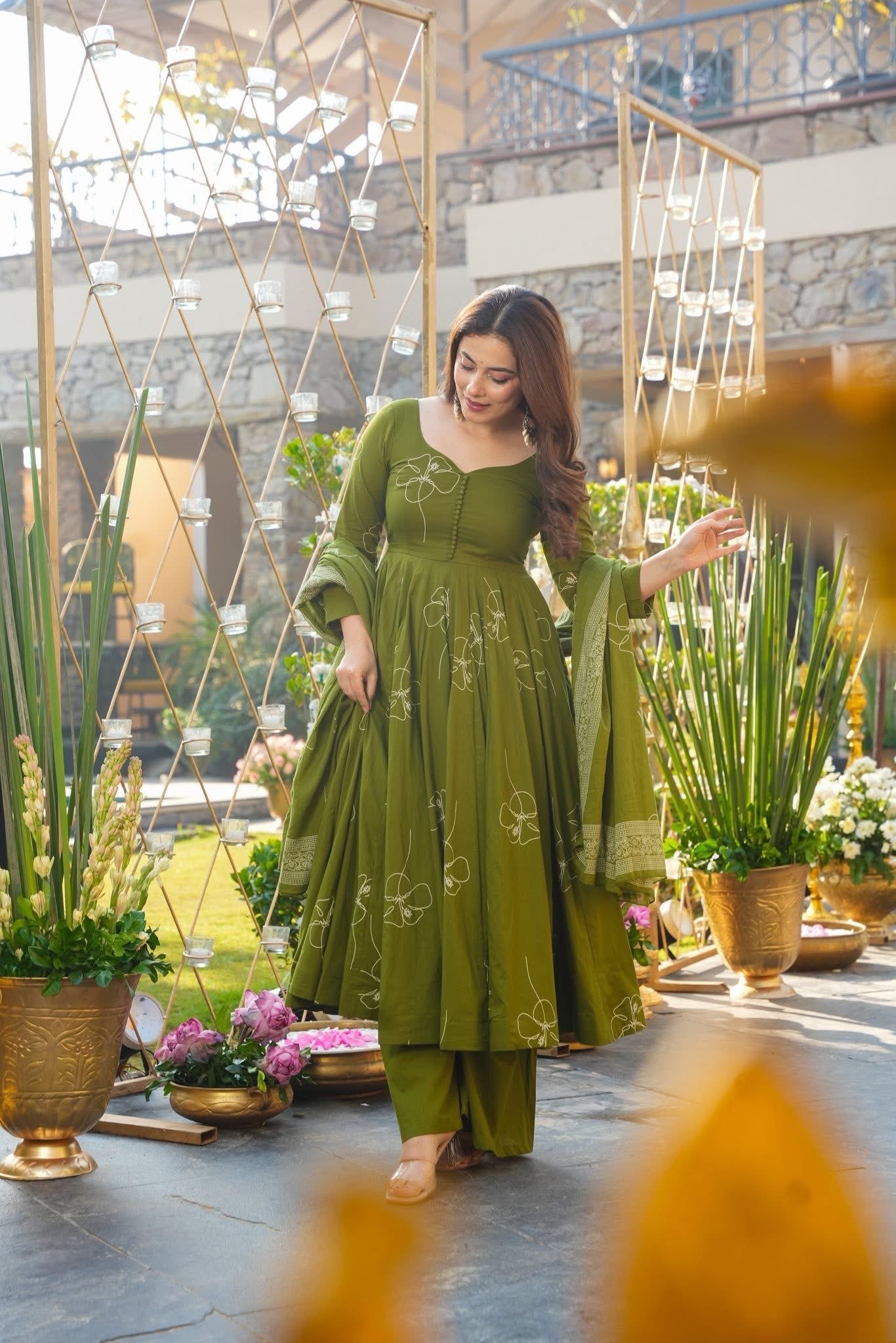 Green Printed Cotton Anarkali Suit Set