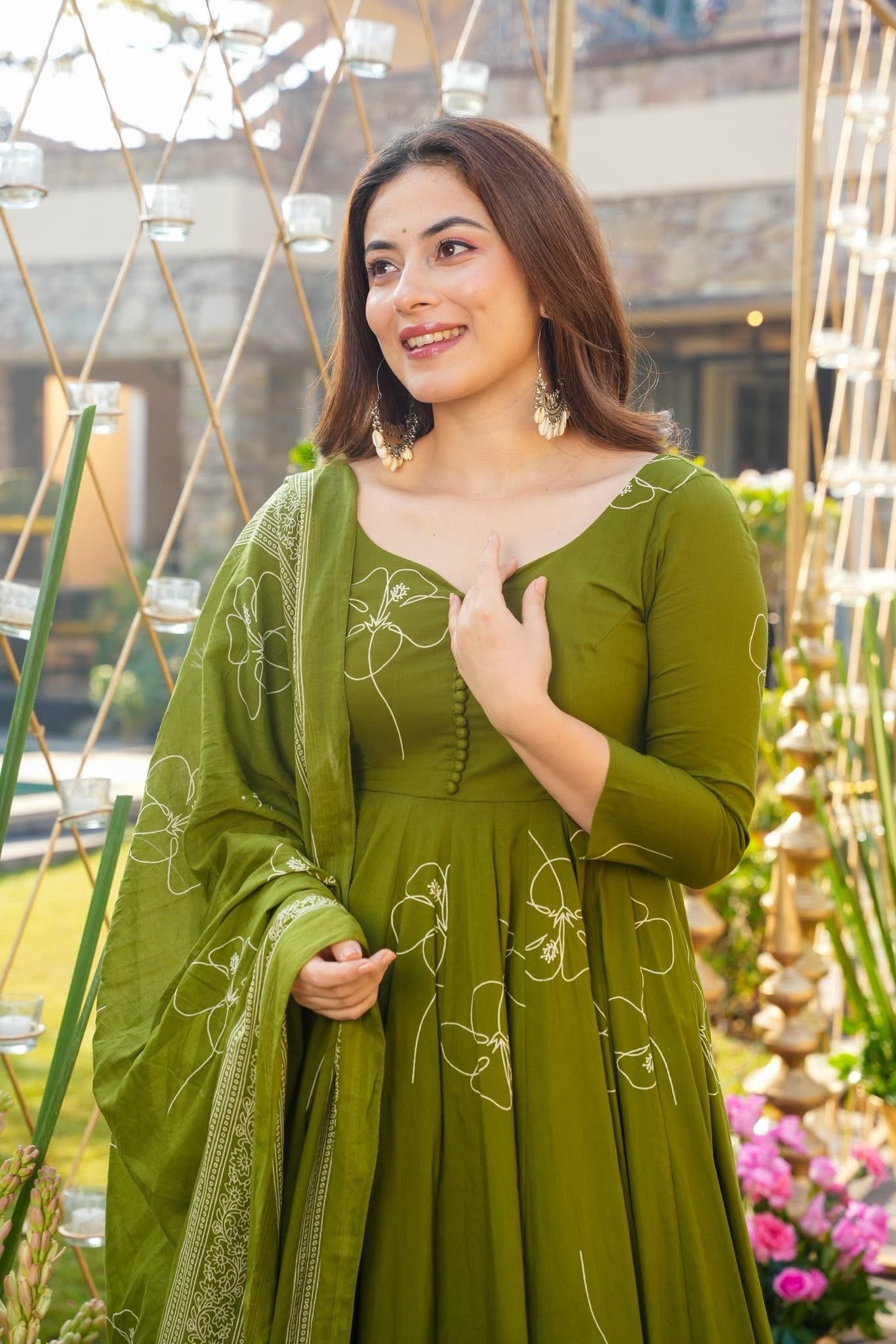Green Printed Cotton Anarkali Suit Set