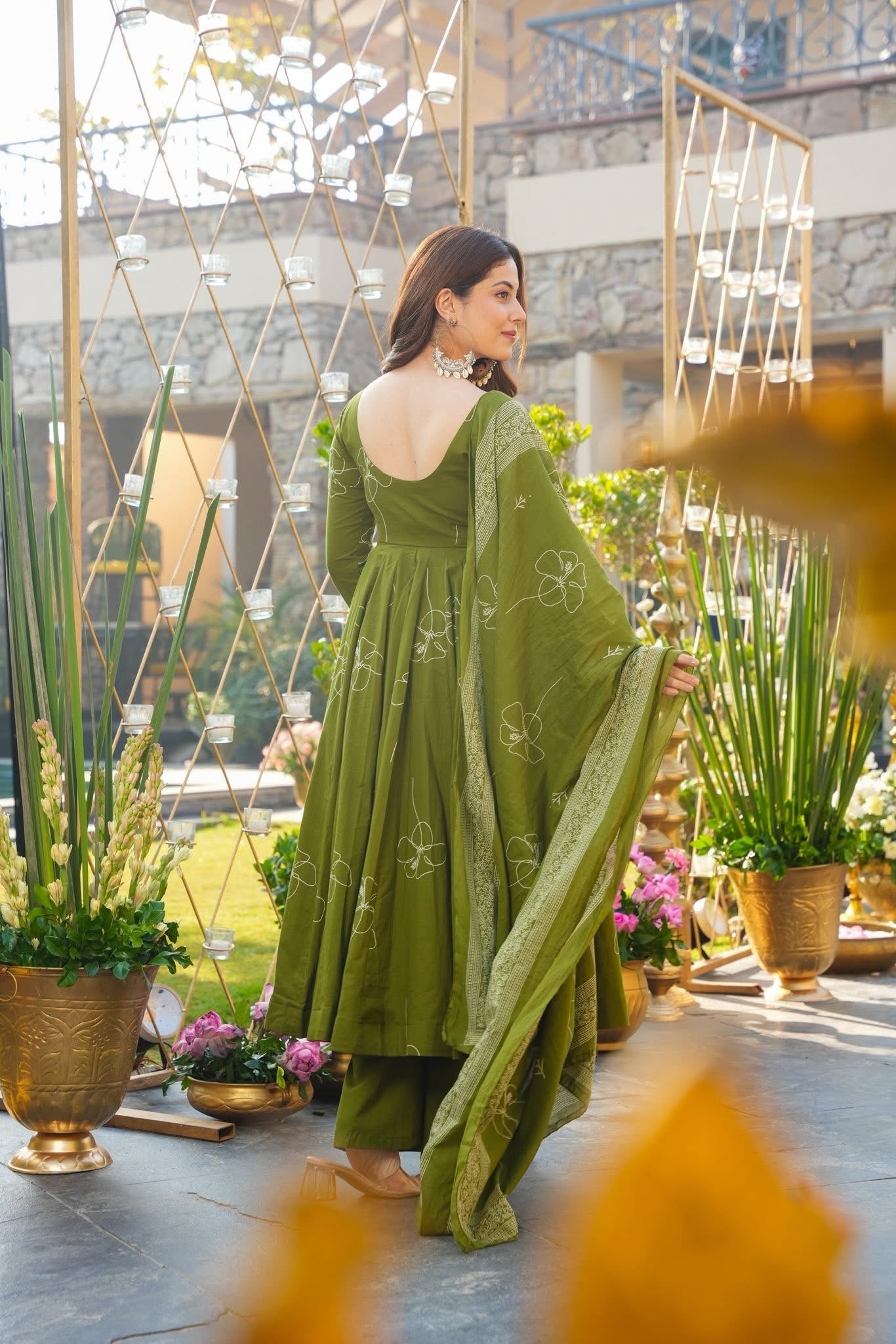 Green Printed Cotton Anarkali Suit Set