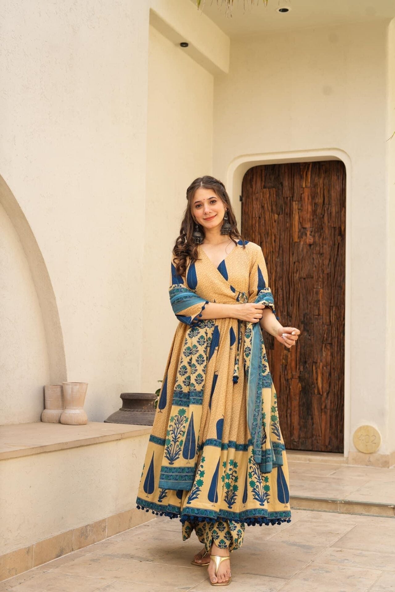 Cream Printed Cotton Anarkali Suit Set