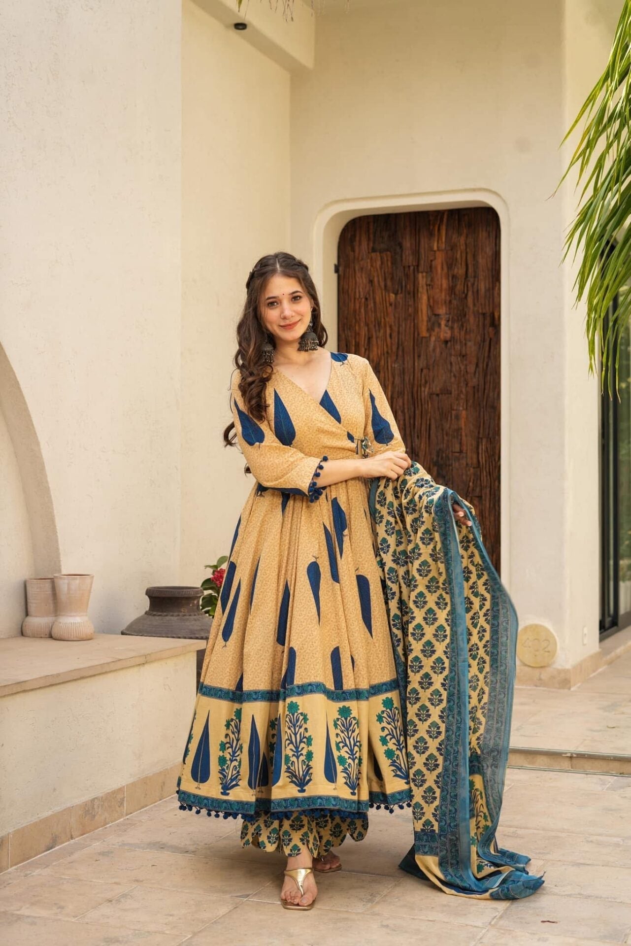 Cream Printed Cotton Anarkali Suit Set