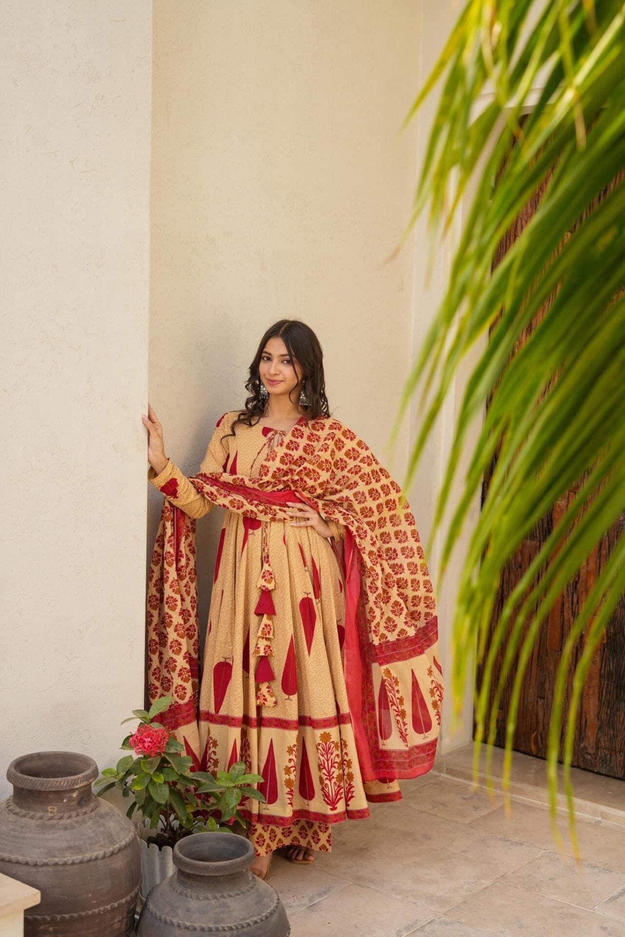 Cream Printed Cotton Anarkali Suit Set