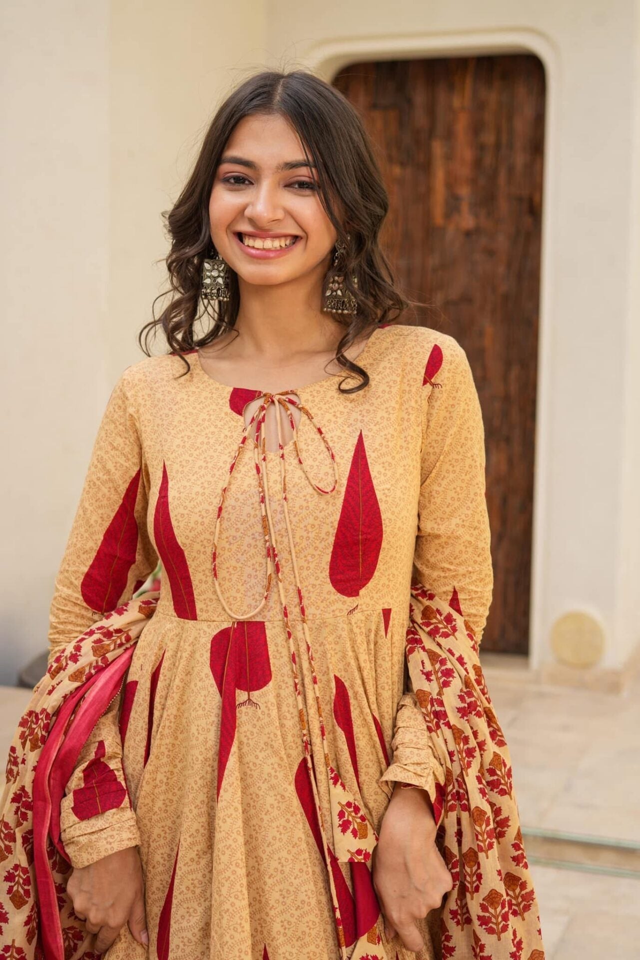 Cream Printed Cotton Anarkali Suit Set