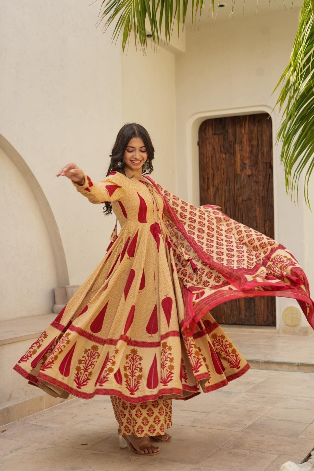 Cream Printed Cotton Anarkali Suit Set