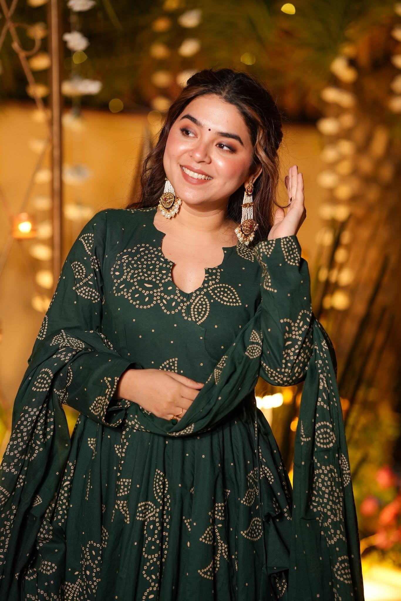 Green Printed Cotton Anarkali Suit Set