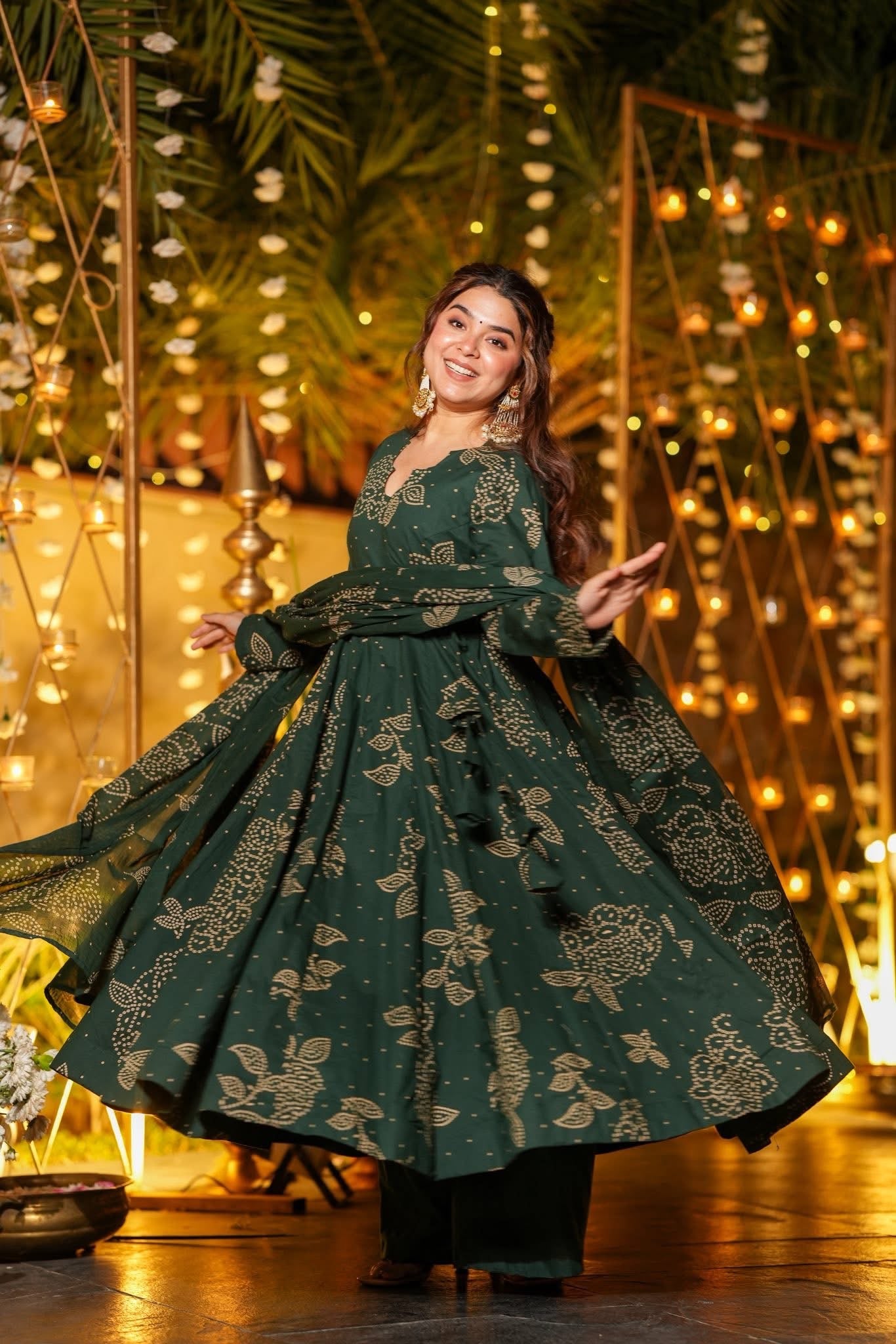 Green Printed Cotton Anarkali Suit Set