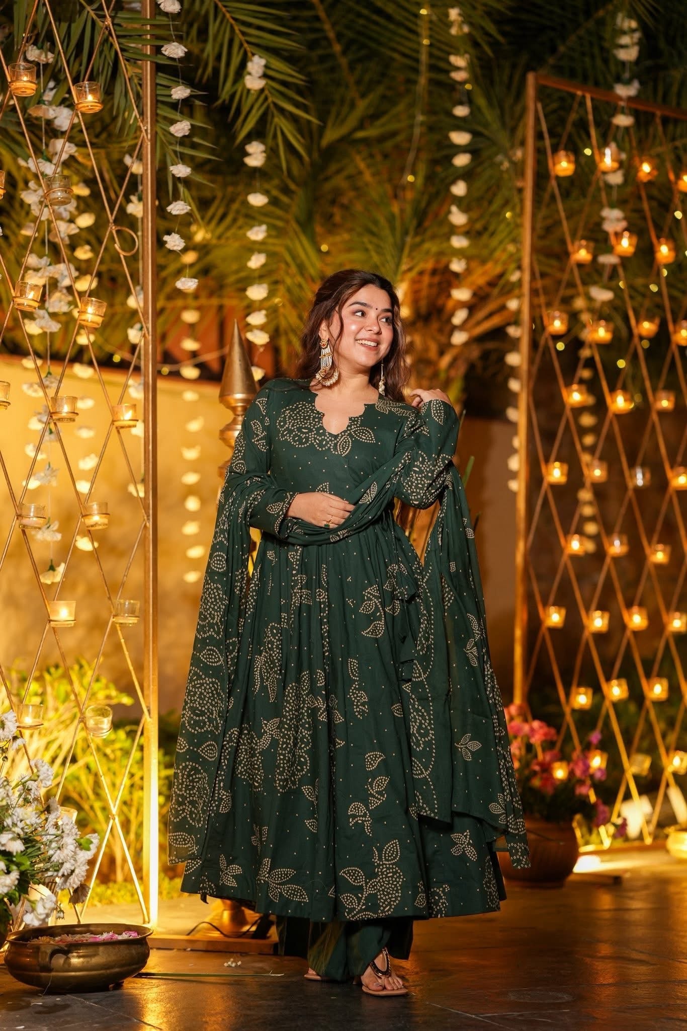 Green Printed Cotton Anarkali Suit Set