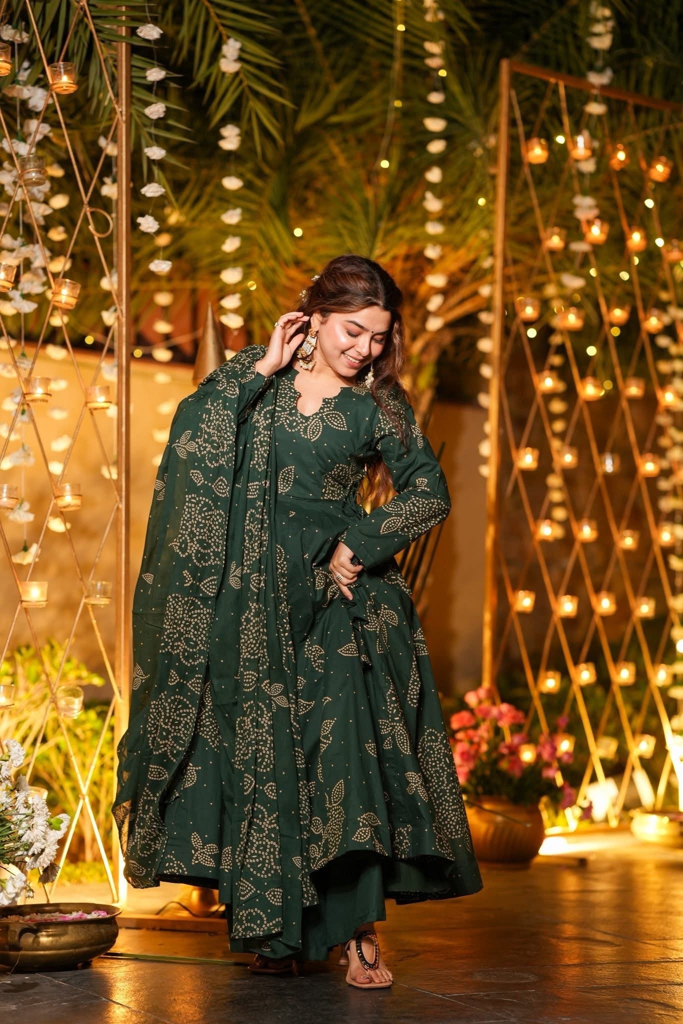 Green Printed Cotton Anarkali Suit Set