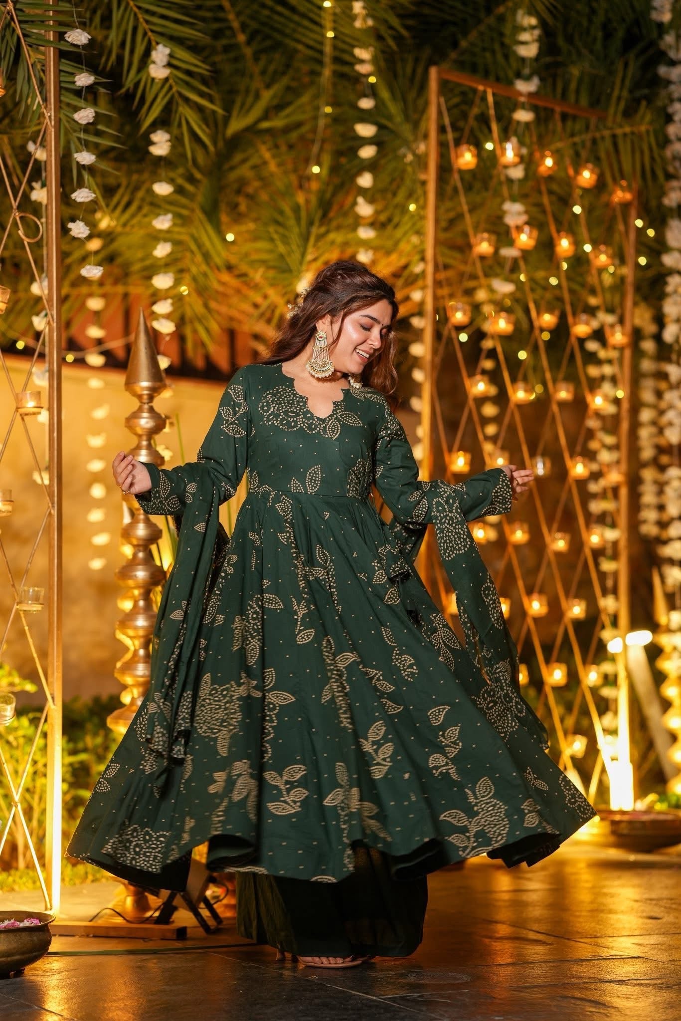 Green Printed Cotton Anarkali Suit Set