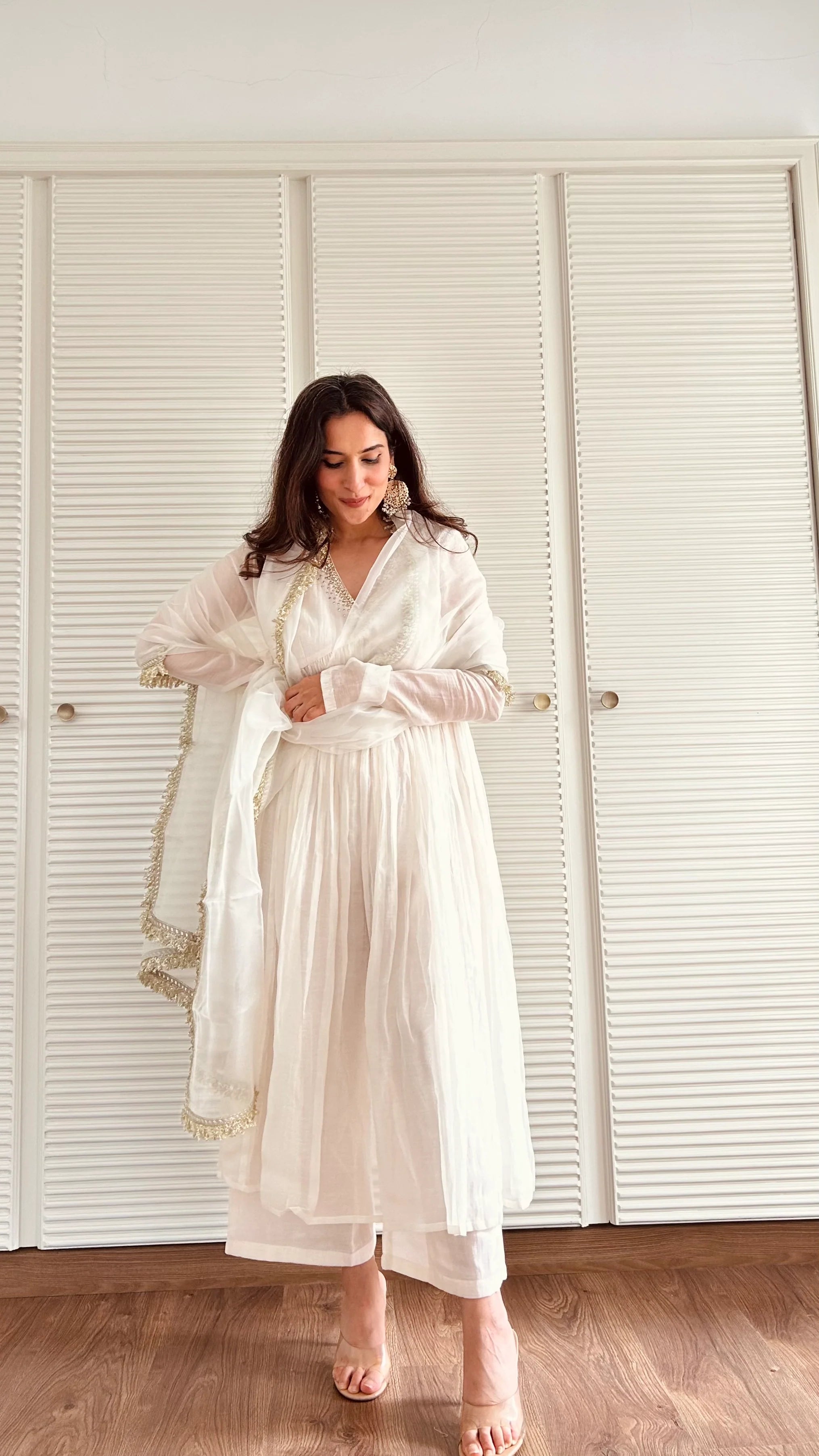 White Mul Chanderi Anarkali Suit Set