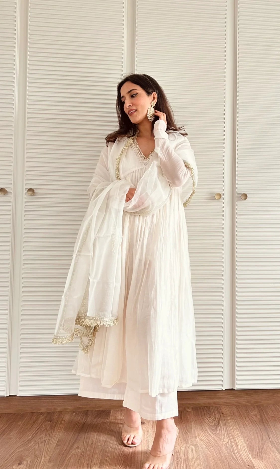 White Mul Chanderi Anarkali Suit Set