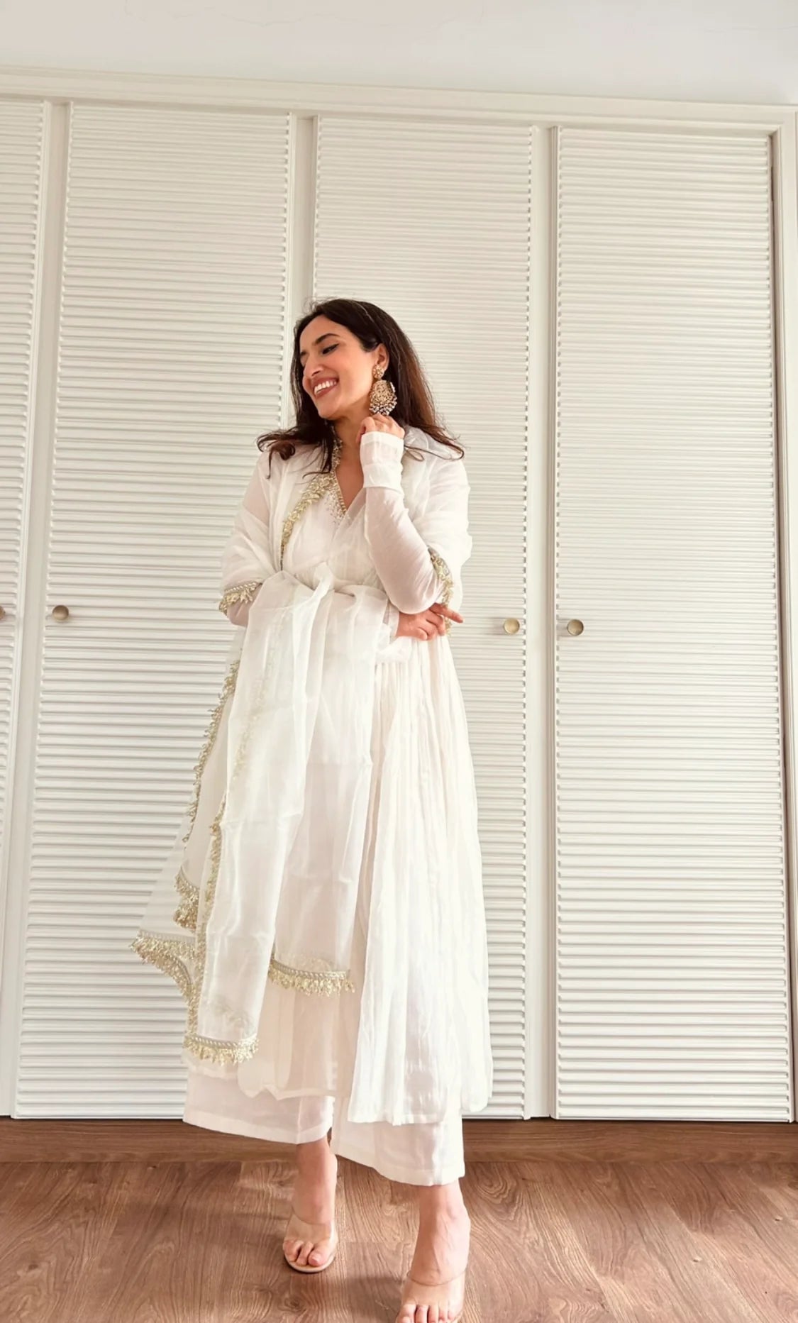 White Mul Chanderi Anarkali Suit Set
