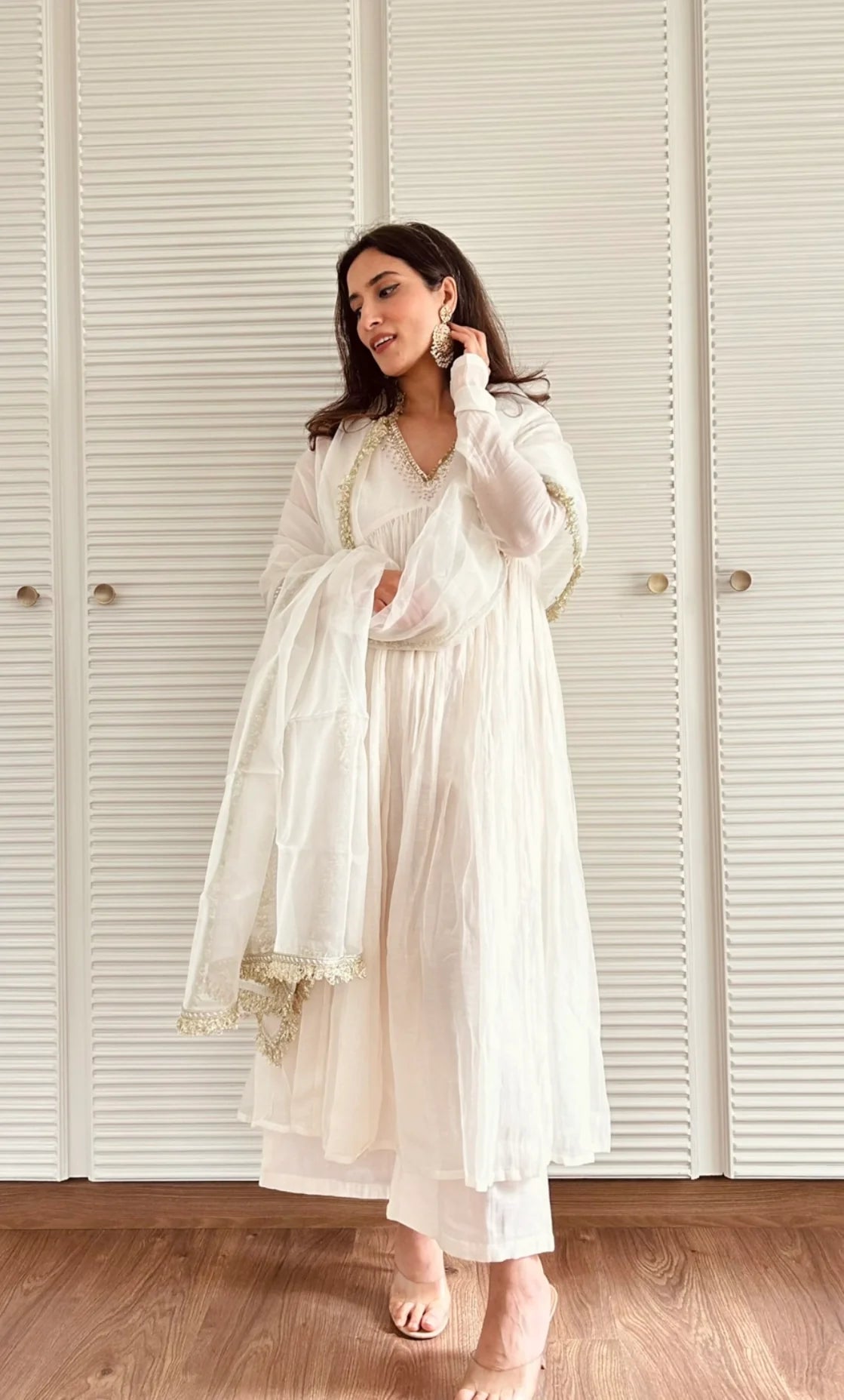 White Mul Chanderi Anarkali Suit Set