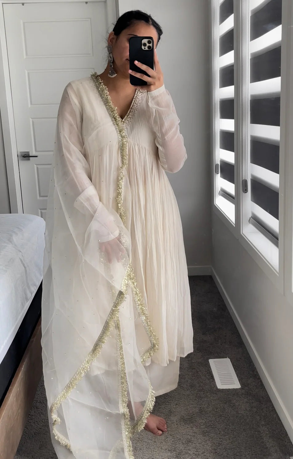 White Mul Chanderi Anarkali Suit Set