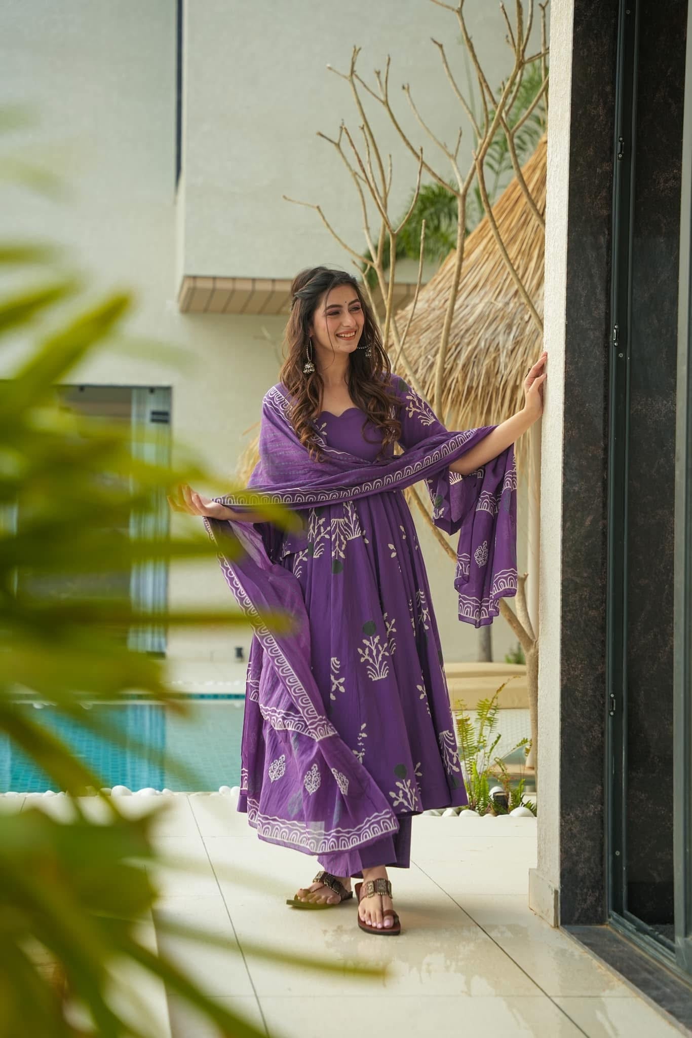 Purple Printed Cotton Anarkali Suit Set