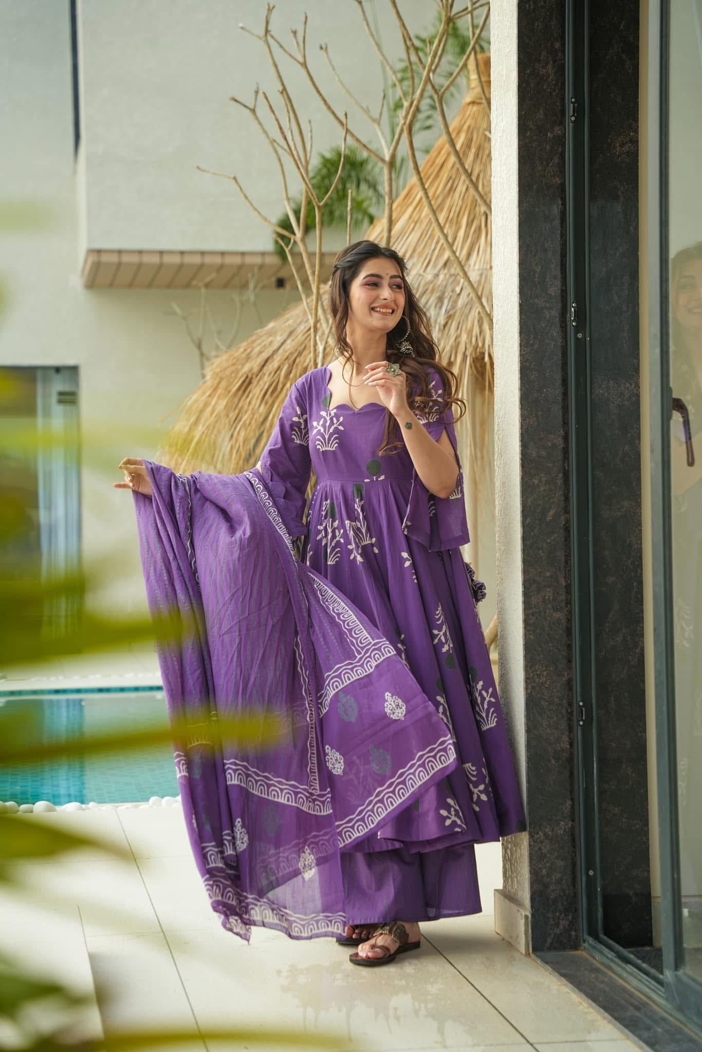 Purple Printed Cotton Anarkali Suit Set