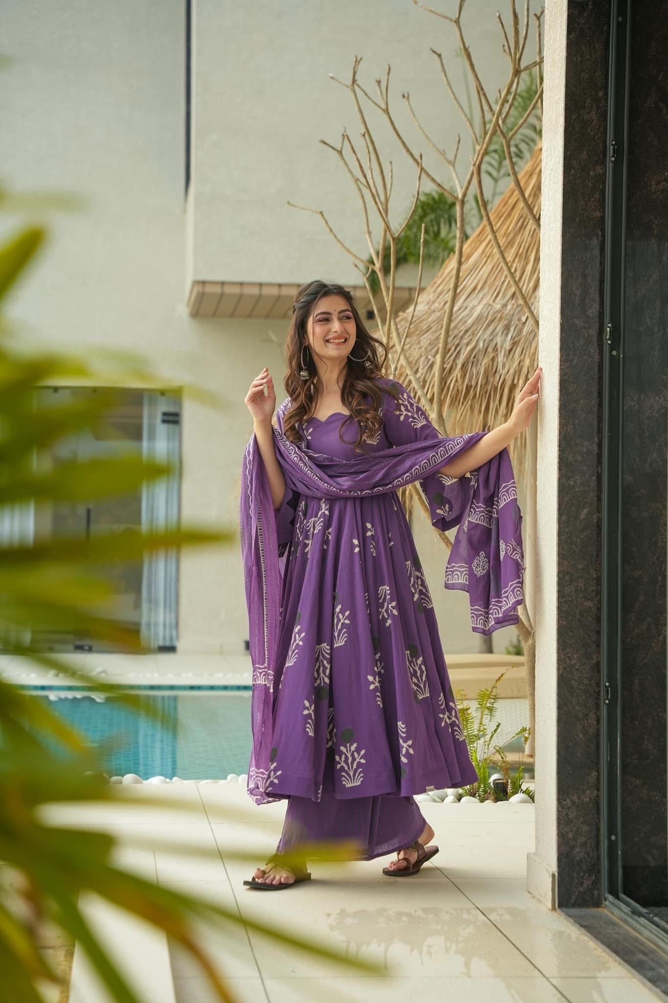 Purple Printed Cotton Anarkali Suit Set