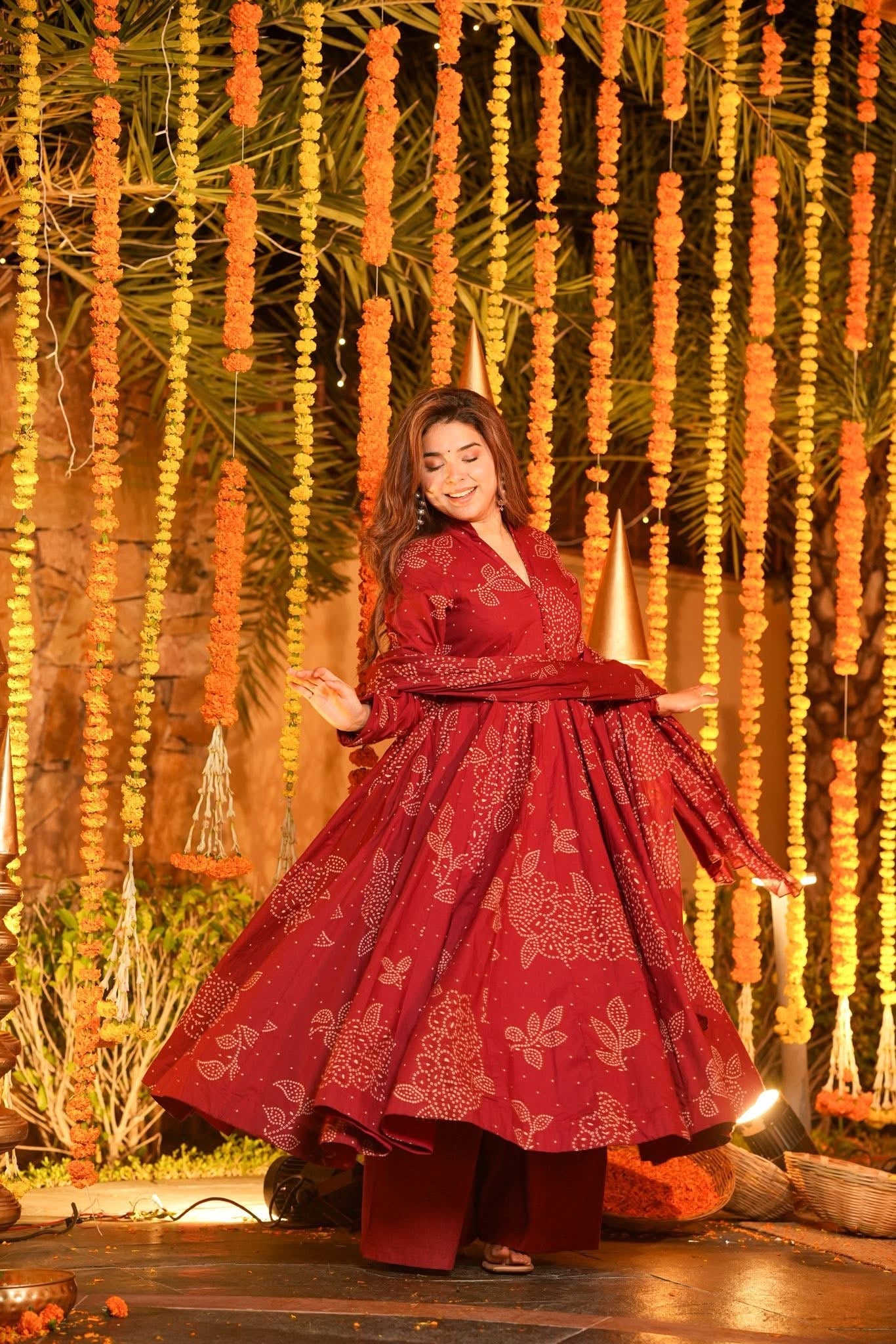 Red Printed Cotton Anarkali Suit Set