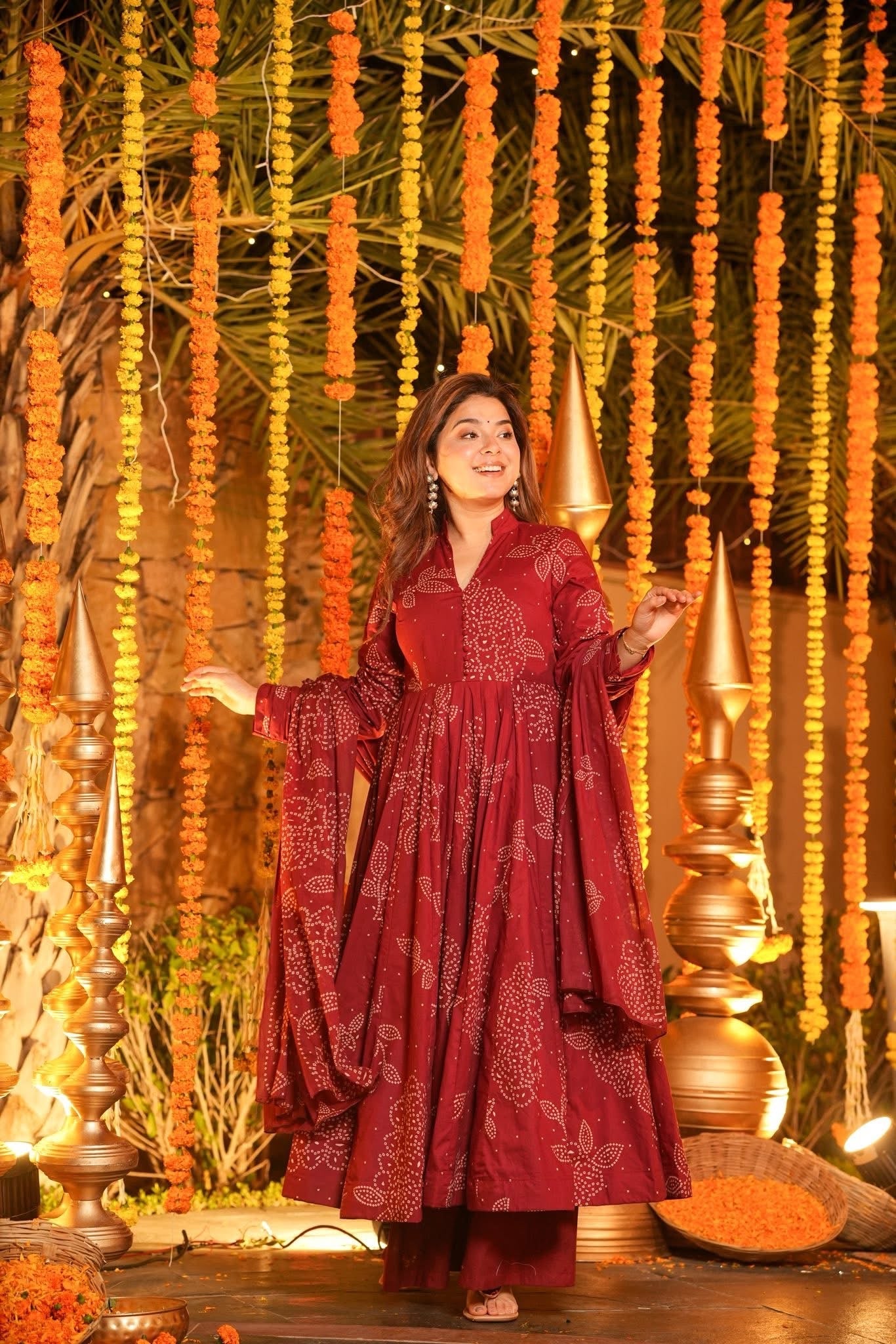 Red Printed Cotton Anarkali Suit Set