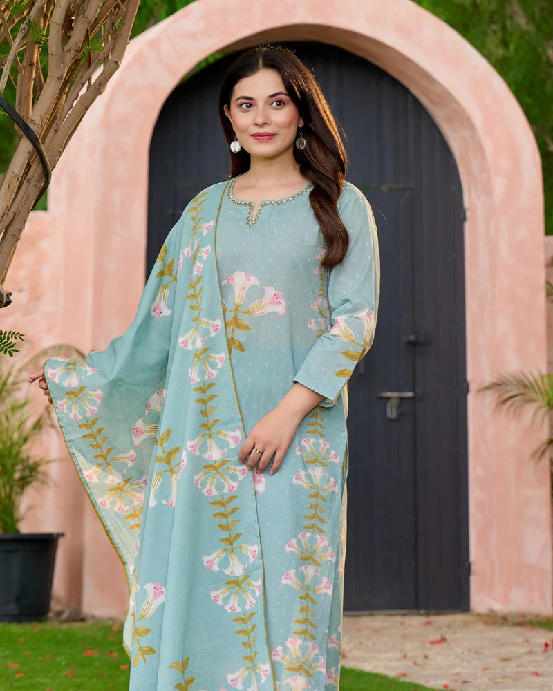 Blue Bloom Cotton Suit Set
