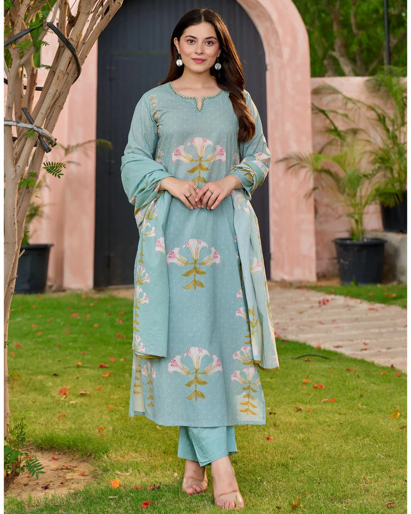Blue Bloom Cotton Suit Set