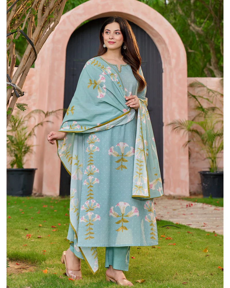 Blue Bloom Cotton Suit Set