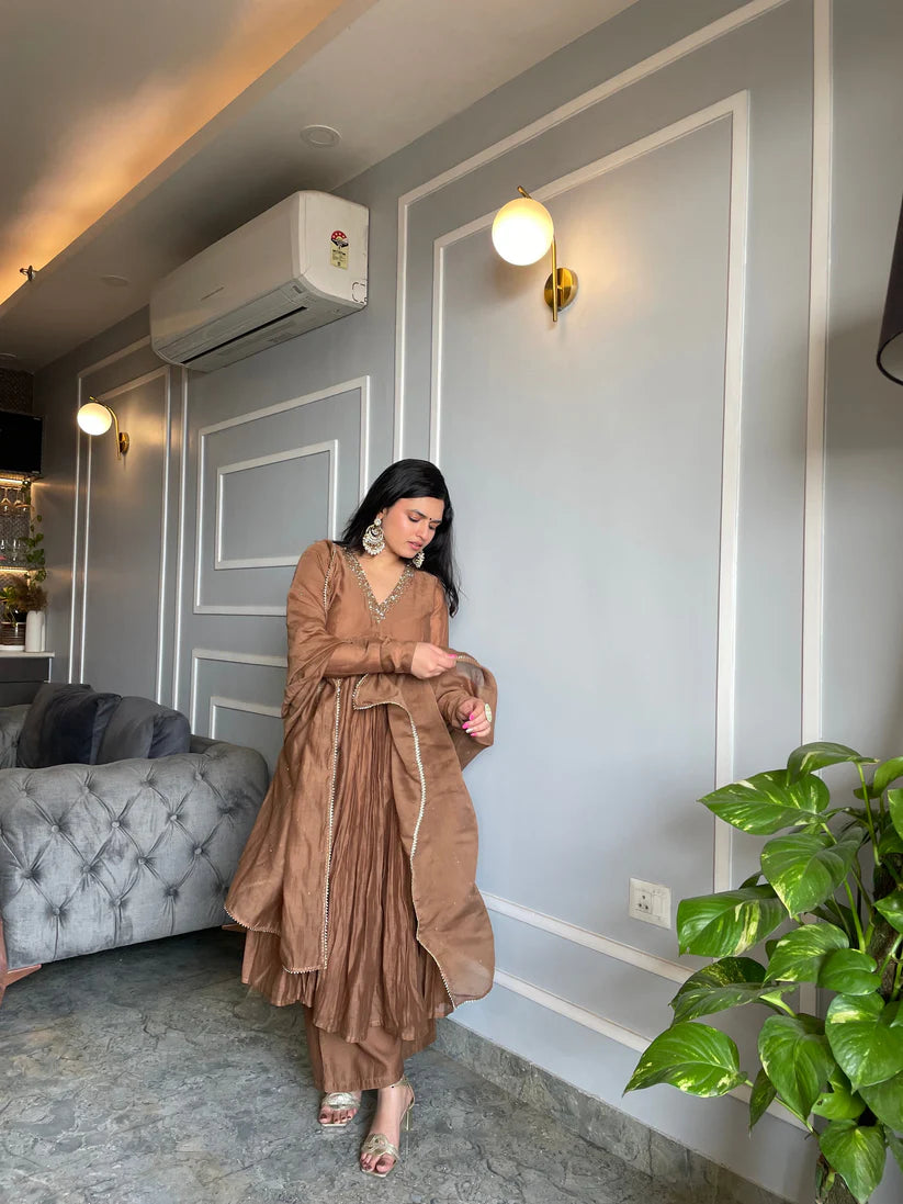 Golden Mul Chanderi Anarkali Suit Set