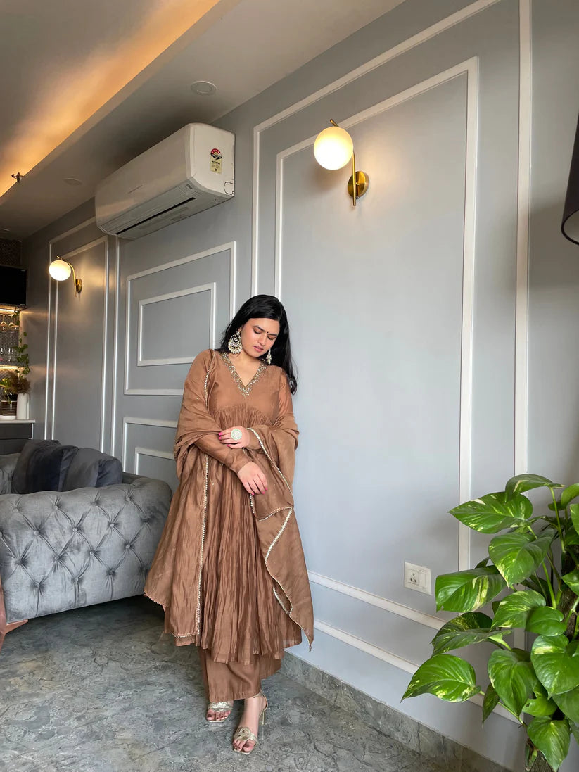 Golden Mul Chanderi Anarkali Suit Set