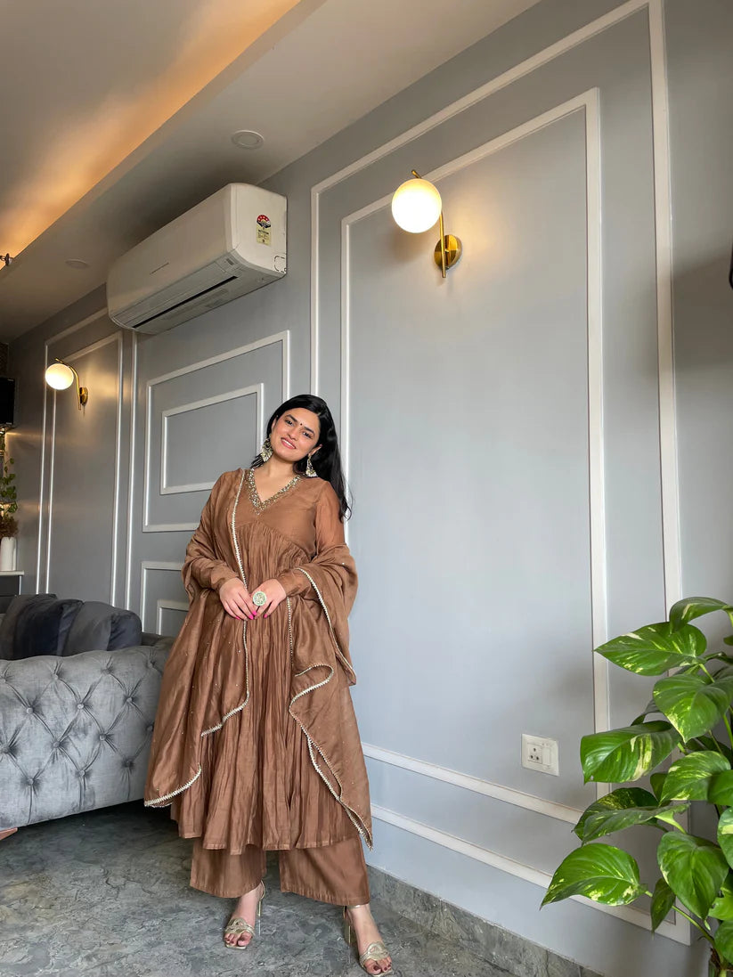 Golden Mul Chanderi Anarkali Suit Set