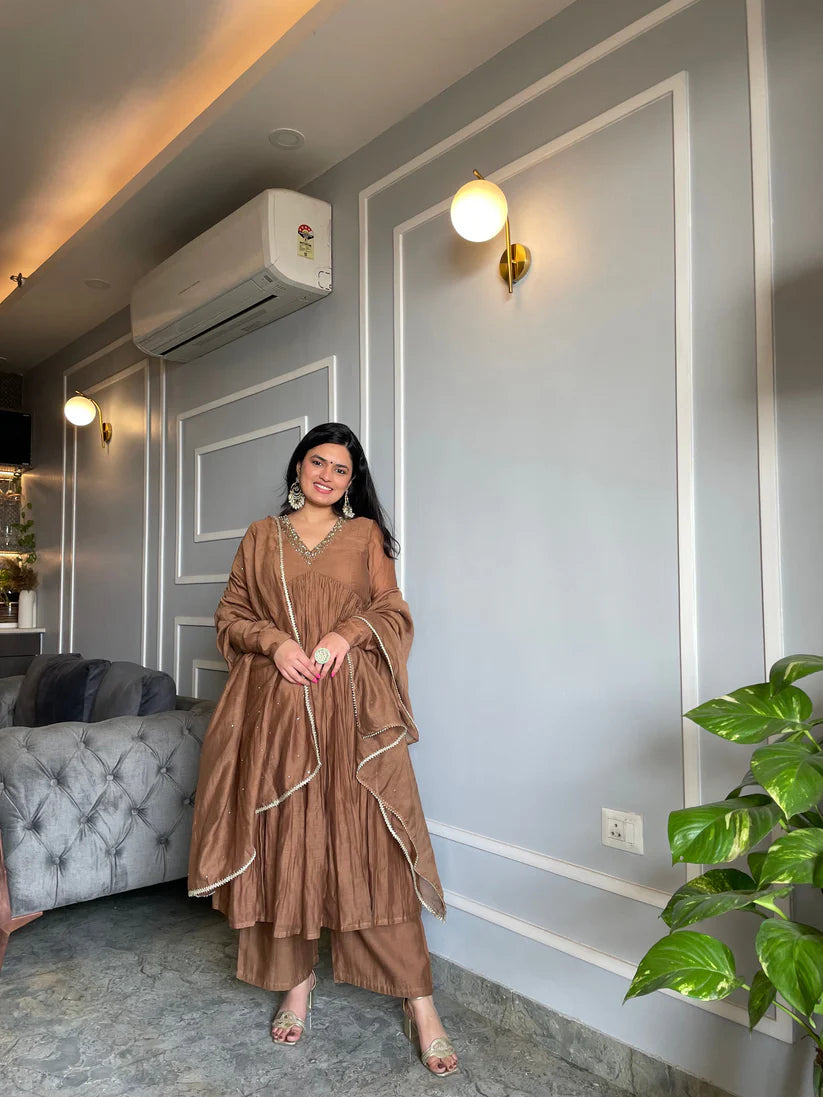 Golden Mul Chanderi Anarkali Suit Set