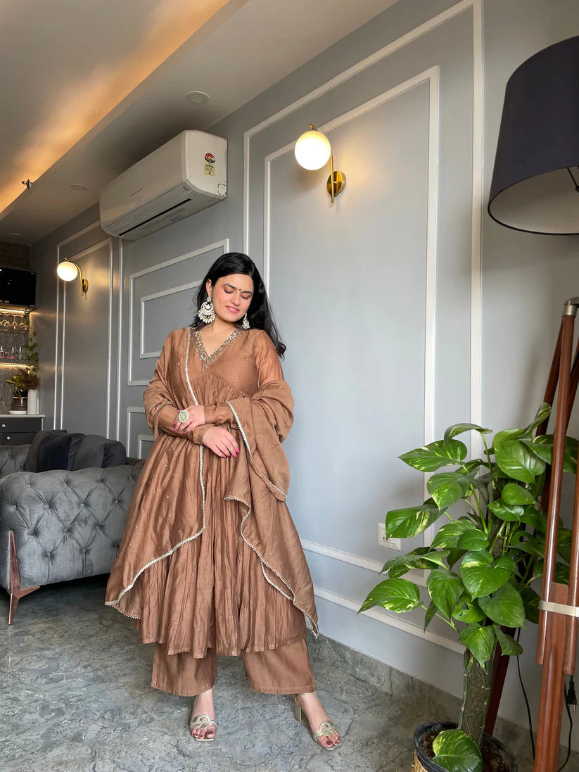 Golden Mul Chanderi Anarkali Suit Set