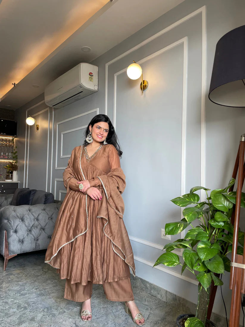 Golden Mul Chanderi Anarkali Suit Set