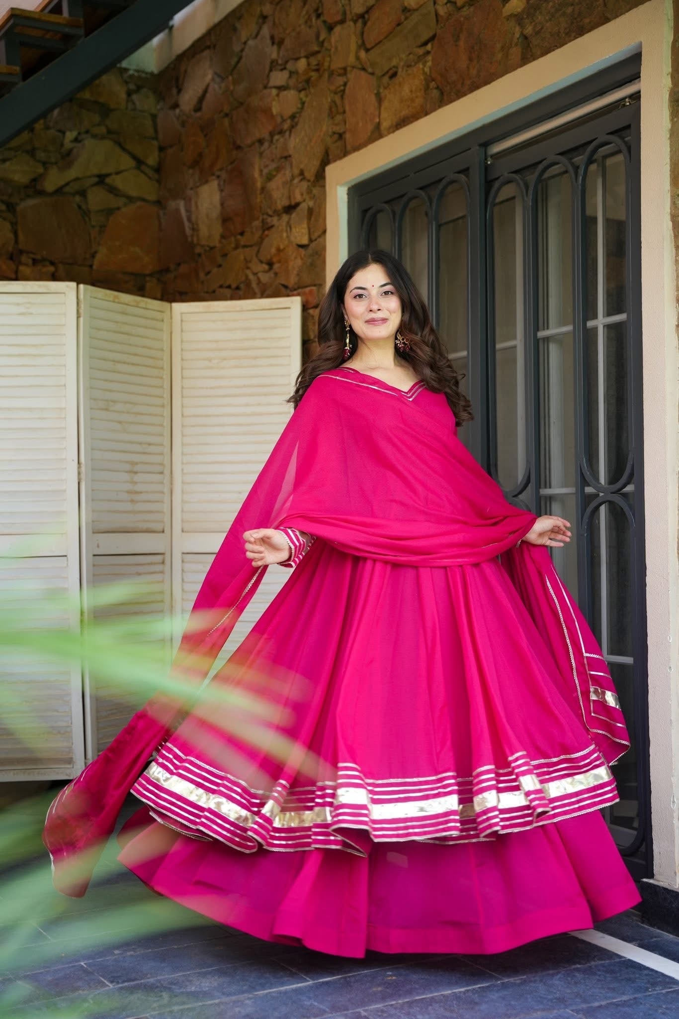 Pink Shimmer Organza Anarkali Palazzo Set | Traditional Gotta Patti Work