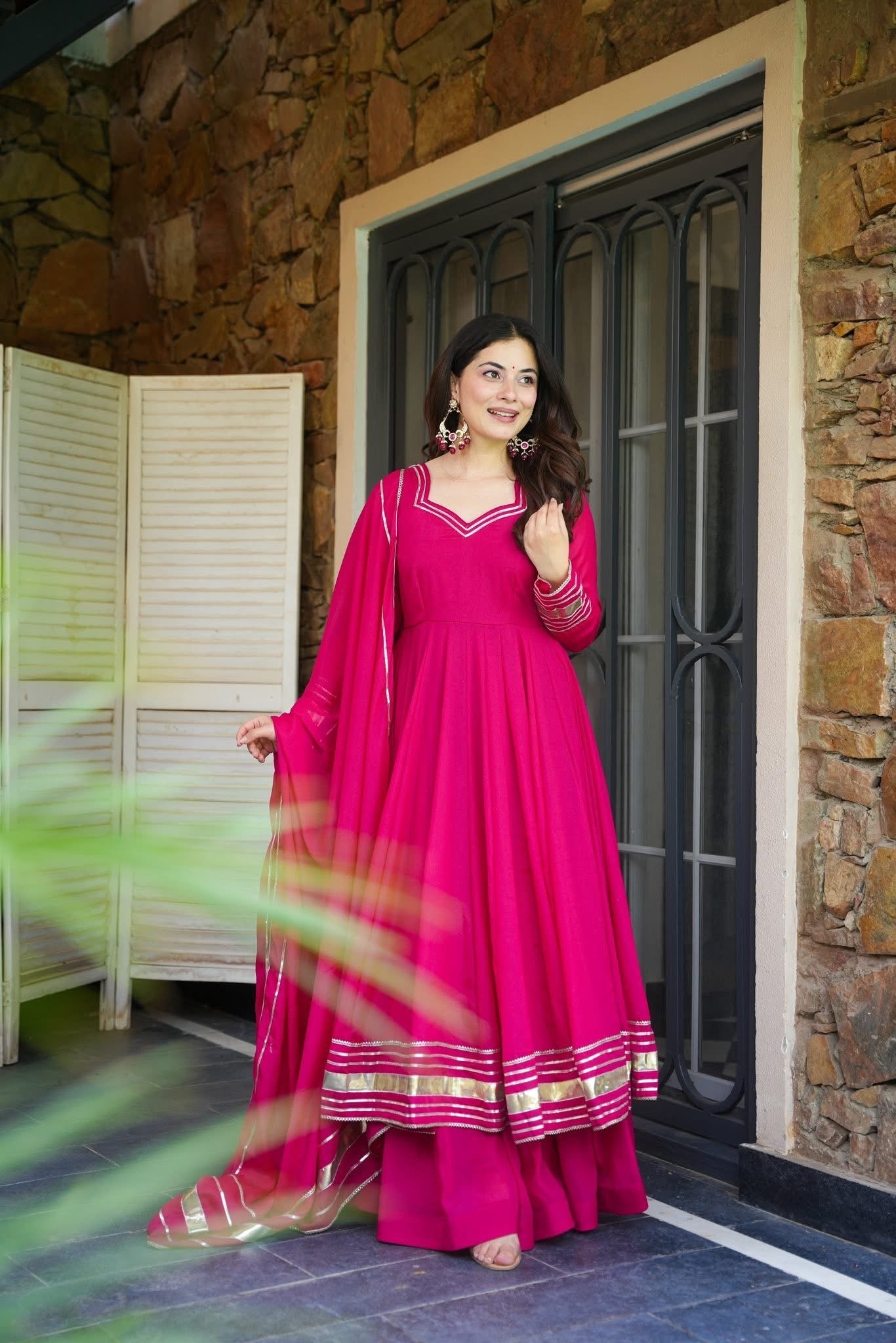 Pink Shimmer Organza Anarkali Palazzo Set | Traditional Gotta Patti Work