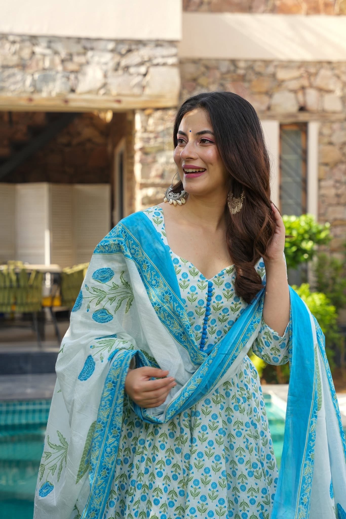 White Printed Cotton Anarkali Suit Set