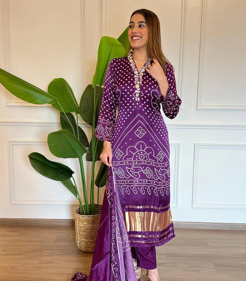Purple  Bandhani Print Embroidered Suit Set