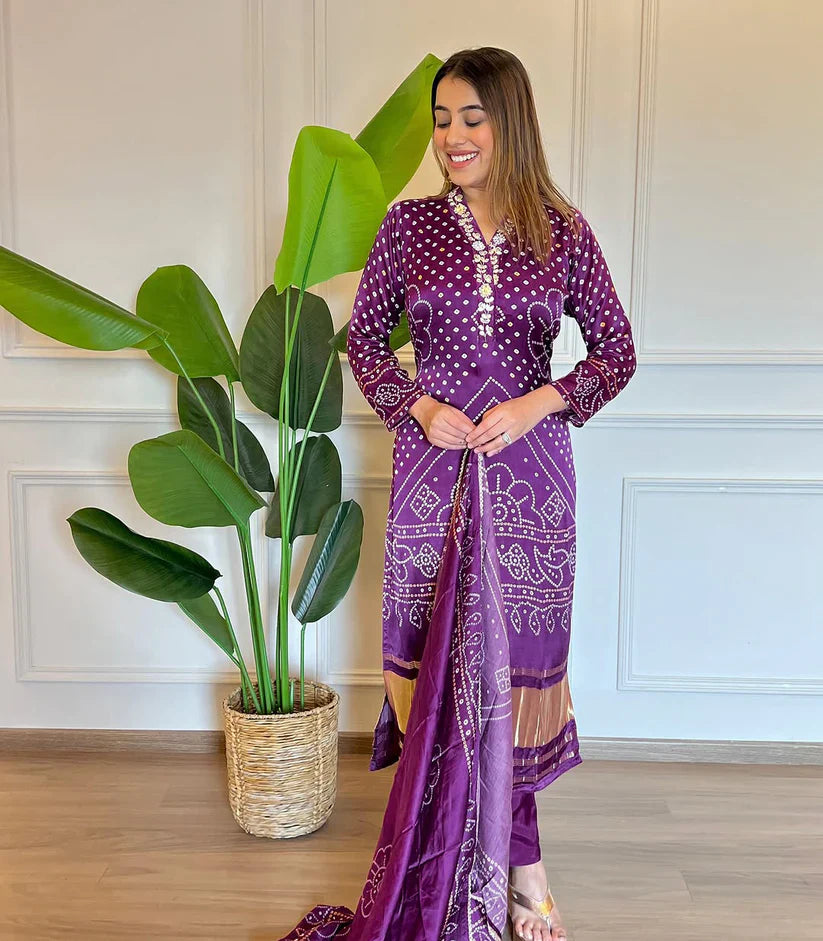 Purple  Bandhani Print Embroidered Suit Set