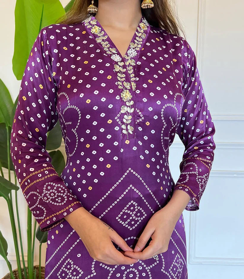 Purple  Bandhani Print Embroidered Suit Set