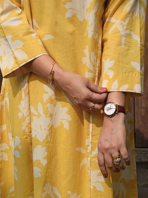 Yellow Cotton Floral Printed Kurta With Stripe Pants