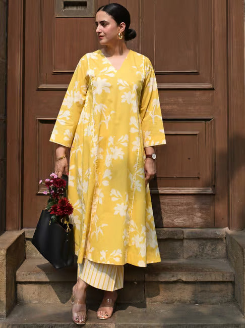 Yellow Cotton Floral Printed Kurta With Stripe Pants