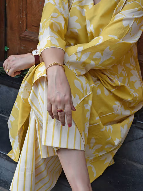 Yellow Cotton Floral Printed Kurta With Stripe Pants