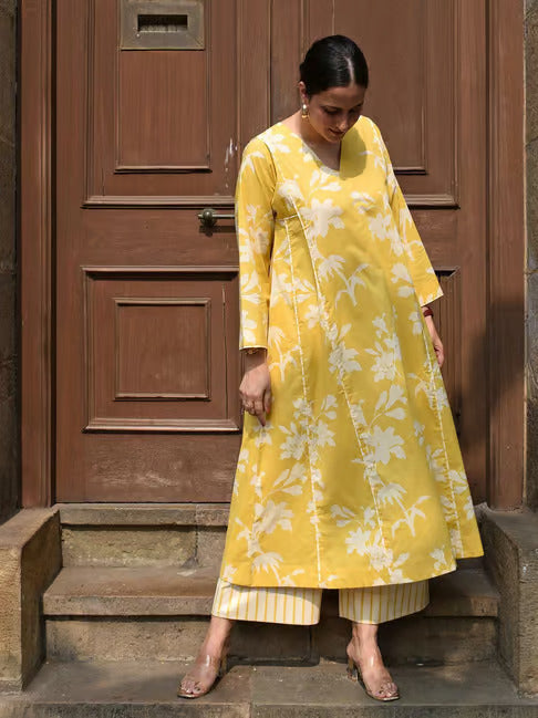 Yellow Cotton Floral Printed Kurta With Stripe Pants
