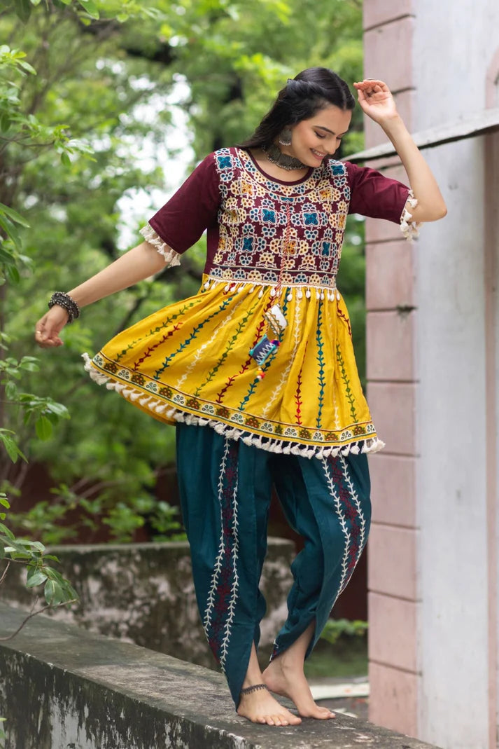 Navratri special wine embroidered kedia with Turqoise Blue dhoti set Garba dress Women's Navratri Wear