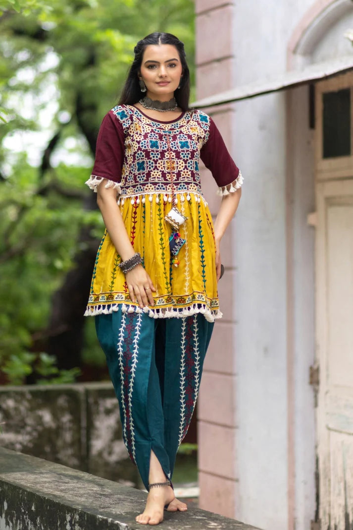 Navratri special wine embroidered kedia with Turqoise Blue dhoti set Garba dress Women's Navratri Wear