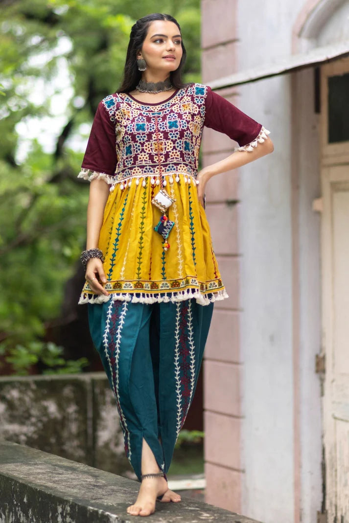 Navratri special wine embroidered kedia with Turqoise Blue dhoti set Garba dress Women's Navratri Wear