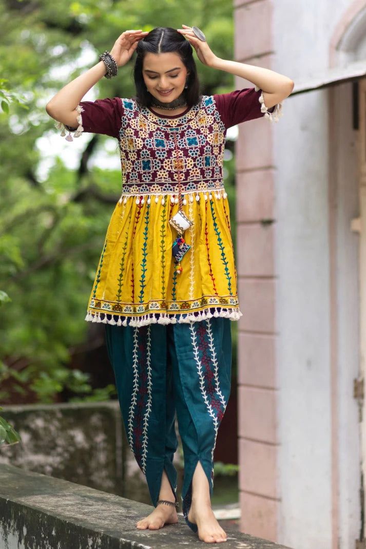 Navratri special wine embroidered kedia with Turqoise Blue dhoti set Garba dress Women's Navratri Wear